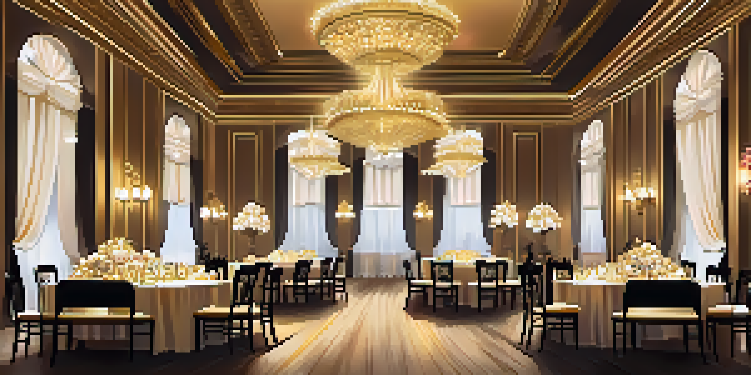A grand ballroom filled with elegantly dressed guests enjoying a lavish party, with golden chandeliers and warm lighting creating a luxurious atmosphere.