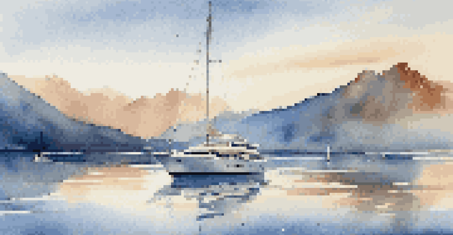 An elegant yacht anchored in a marina with clear blue waters and mountains in the background, under a warm sunlight.