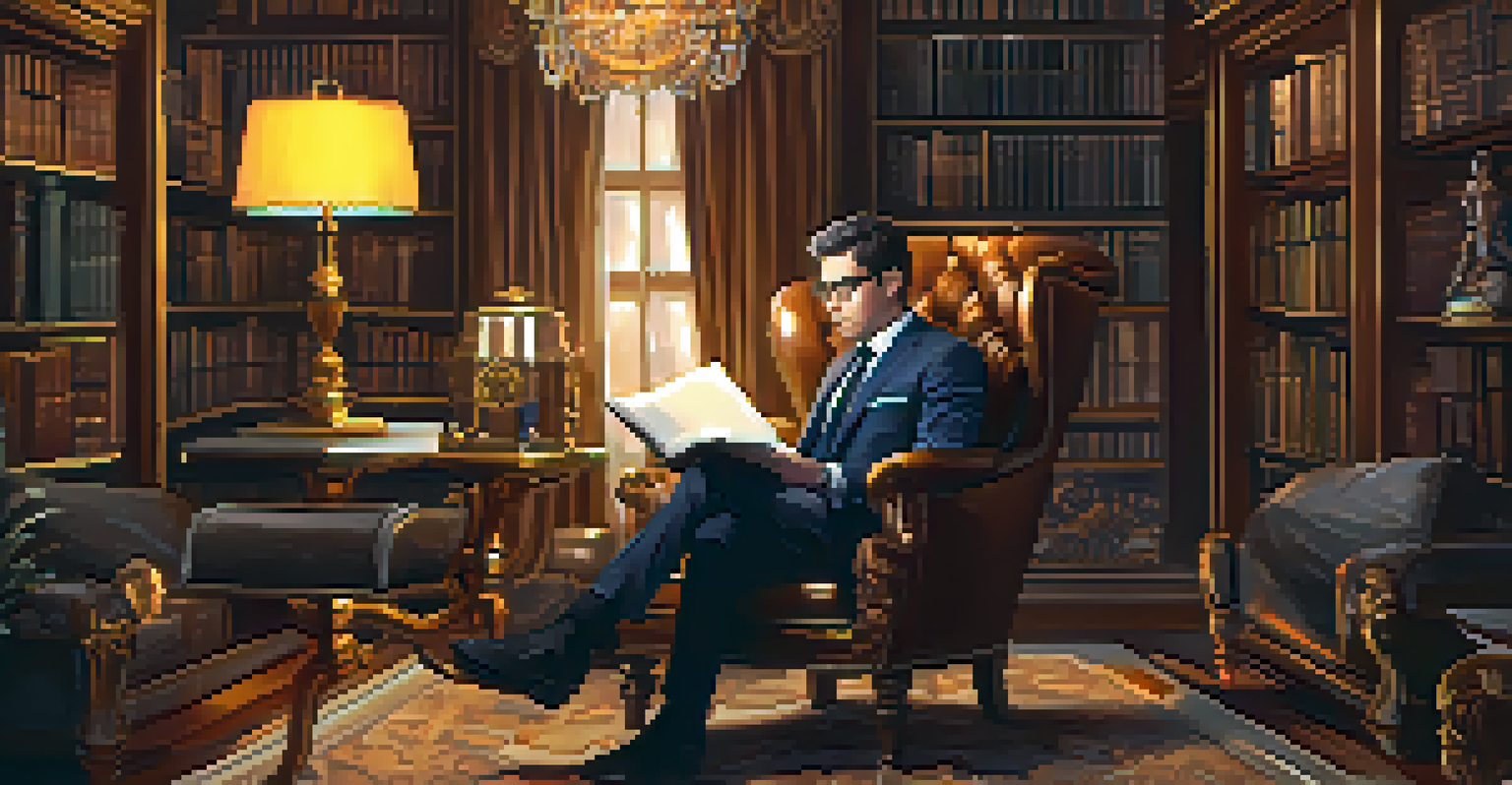 A podcast host in a luxurious armchair, surrounded by a library of books and artifacts, creating an inviting ambiance.