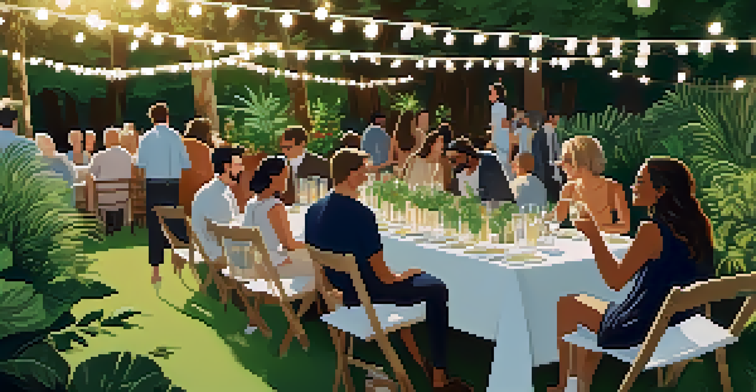 An outdoor networking event in a garden, with guests enjoying sustainable decor and mingling under string lights in a green environment.