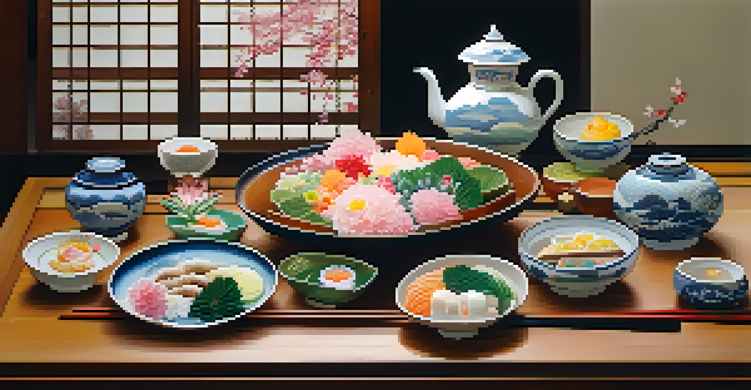 A beautifully arranged kaiseki meal with seasonal ingredients on a wooden table, surrounded by a serene Japanese garden with cherry blossoms.