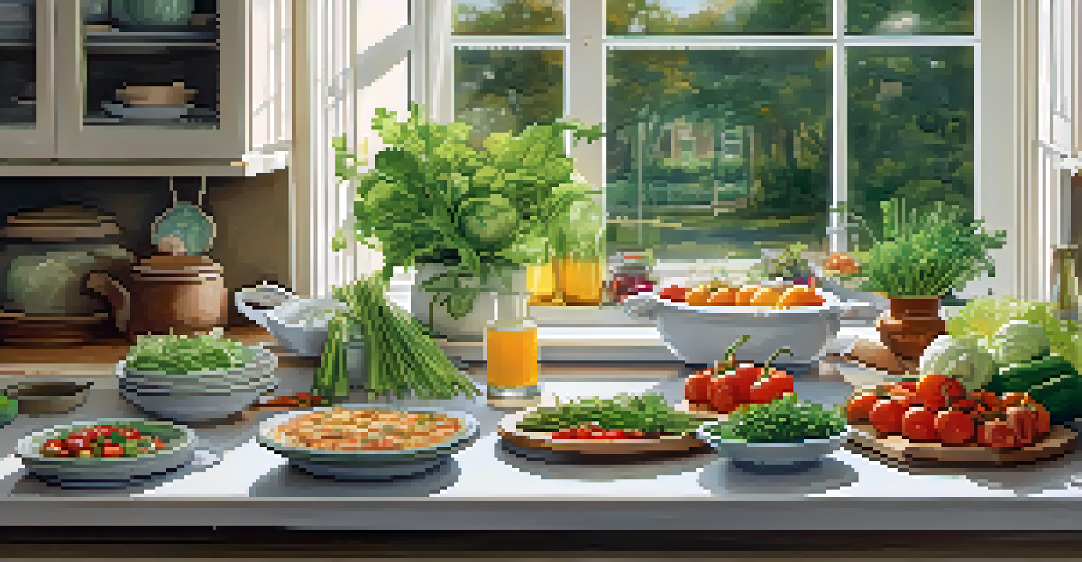 A stylish kitchen with fresh ingredients and a plated gourmet meal, illuminated by natural light.
