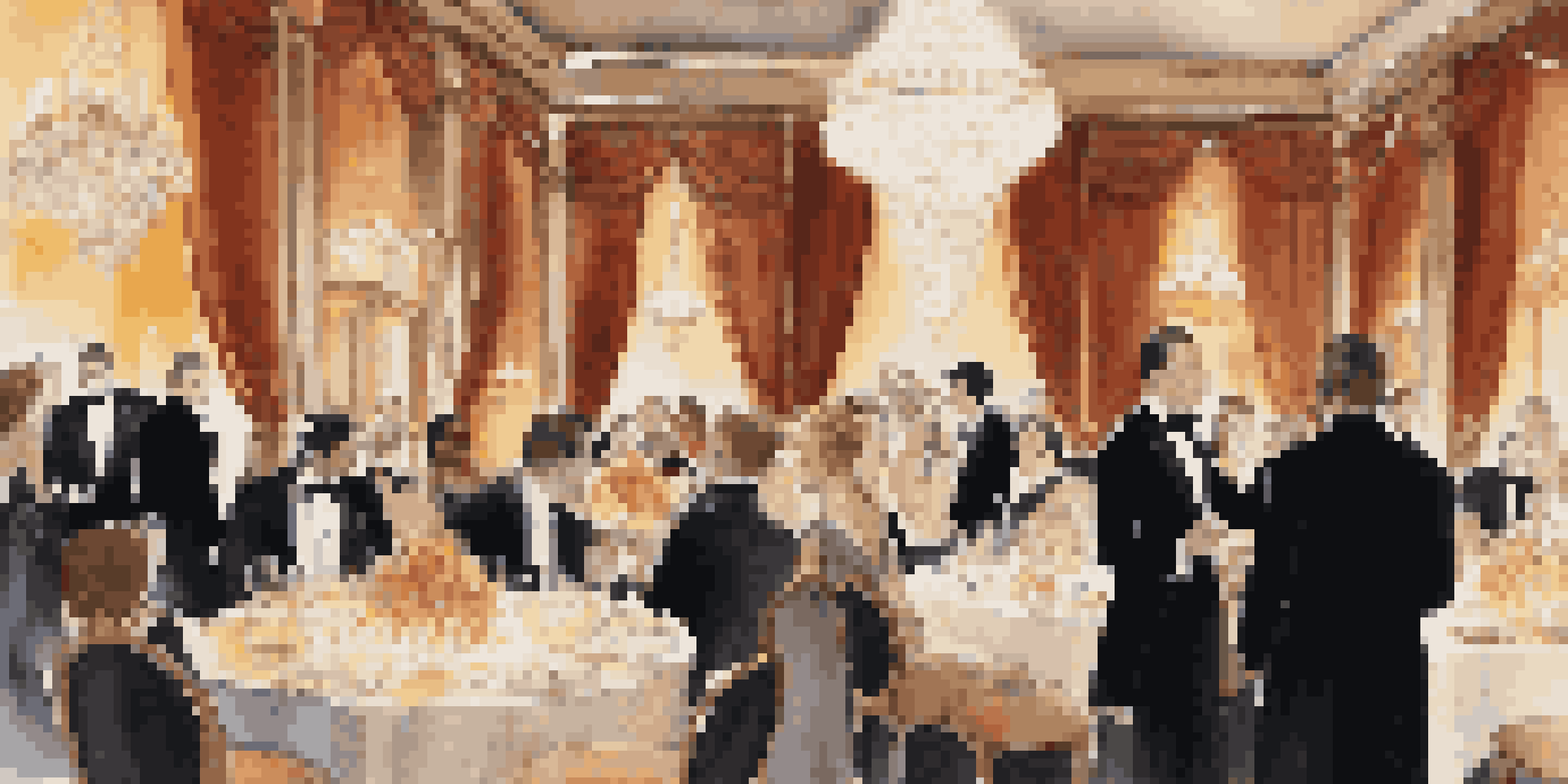 A luxurious event with guests in formal attire, crystal chandeliers, and an elegantly set dining table.