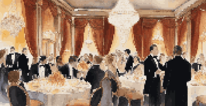 A luxurious event with guests in formal attire, crystal chandeliers, and an elegantly set dining table.