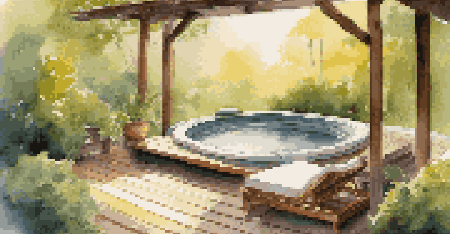 An outdoor spa area with lounge chairs and a hot tub, surrounded by lush greenery and illuminated by golden sunlight.