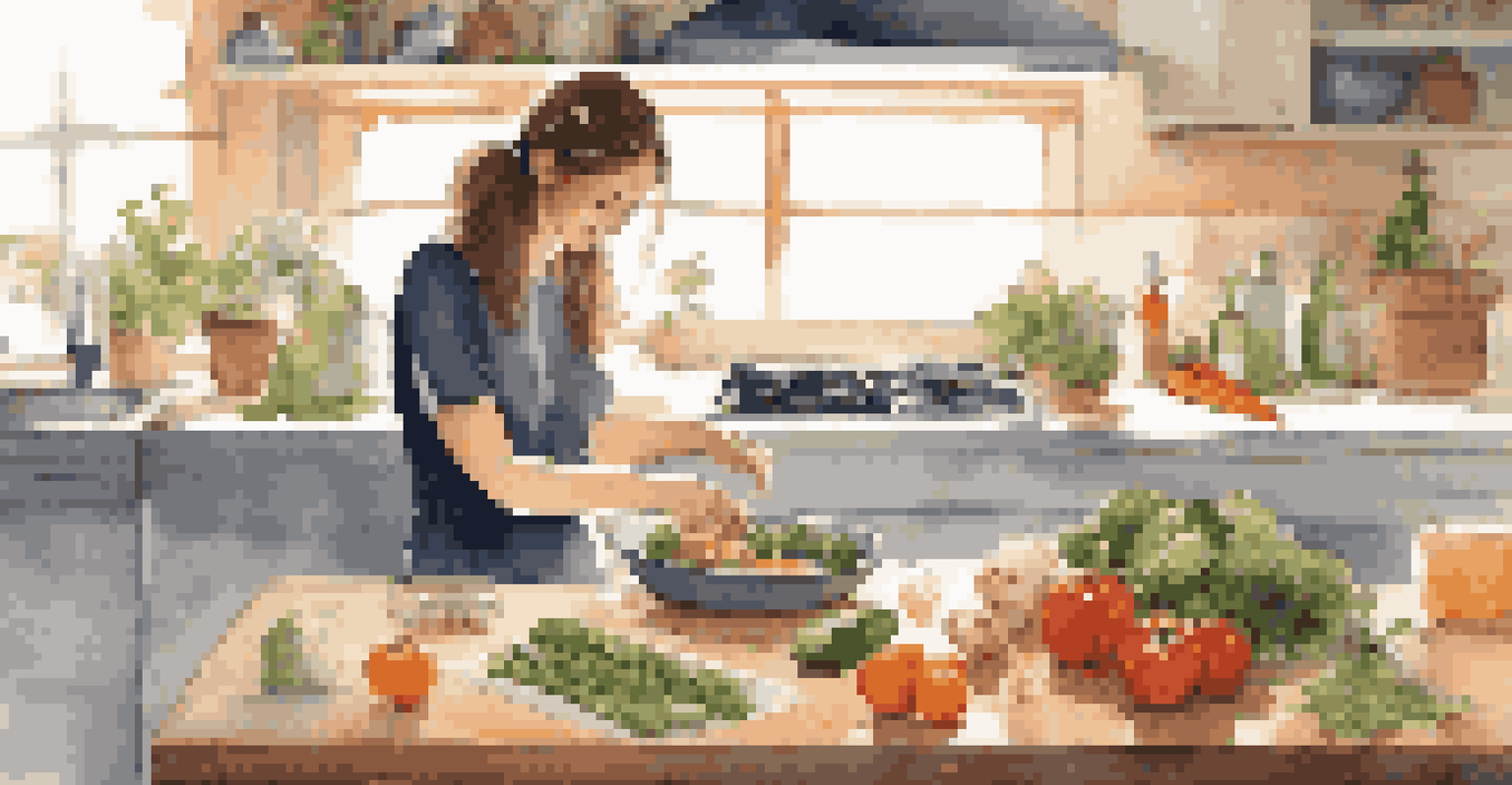 A pet owner preparing a healthy meal for a cat in a modern kitchen filled with fresh ingredients.