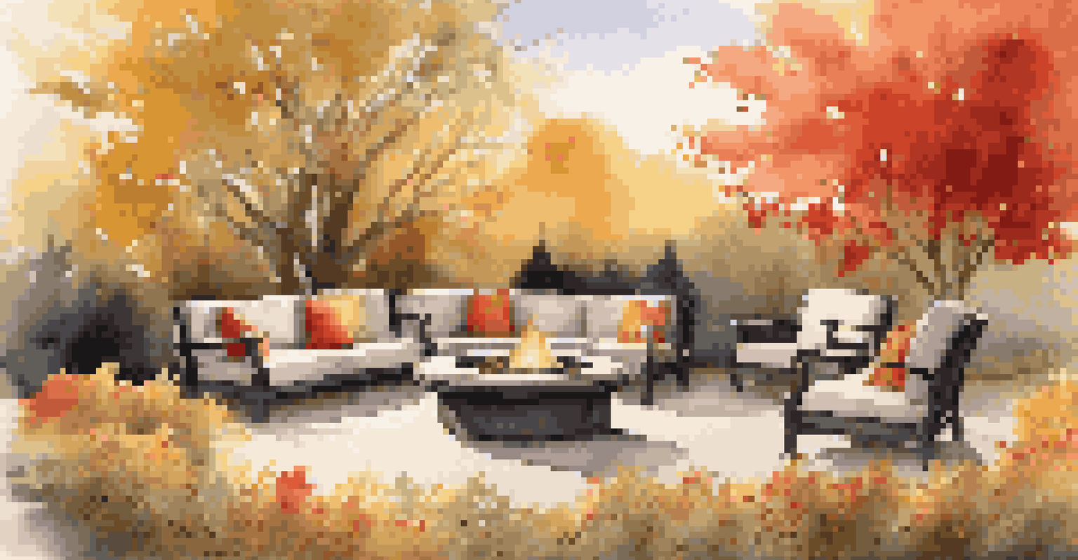 A cozy autumn garden with a seating area surrounded by colorful fall trees and a rustic fire pit, illuminated by the setting sun.