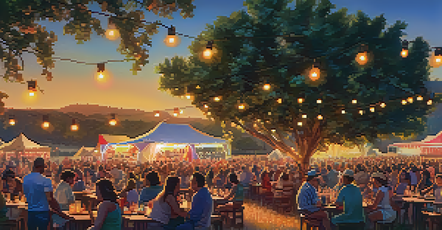 An outdoor music festival at sunset in a vineyard, showcasing a lively crowd and beautifully arranged tables with gourmet food.