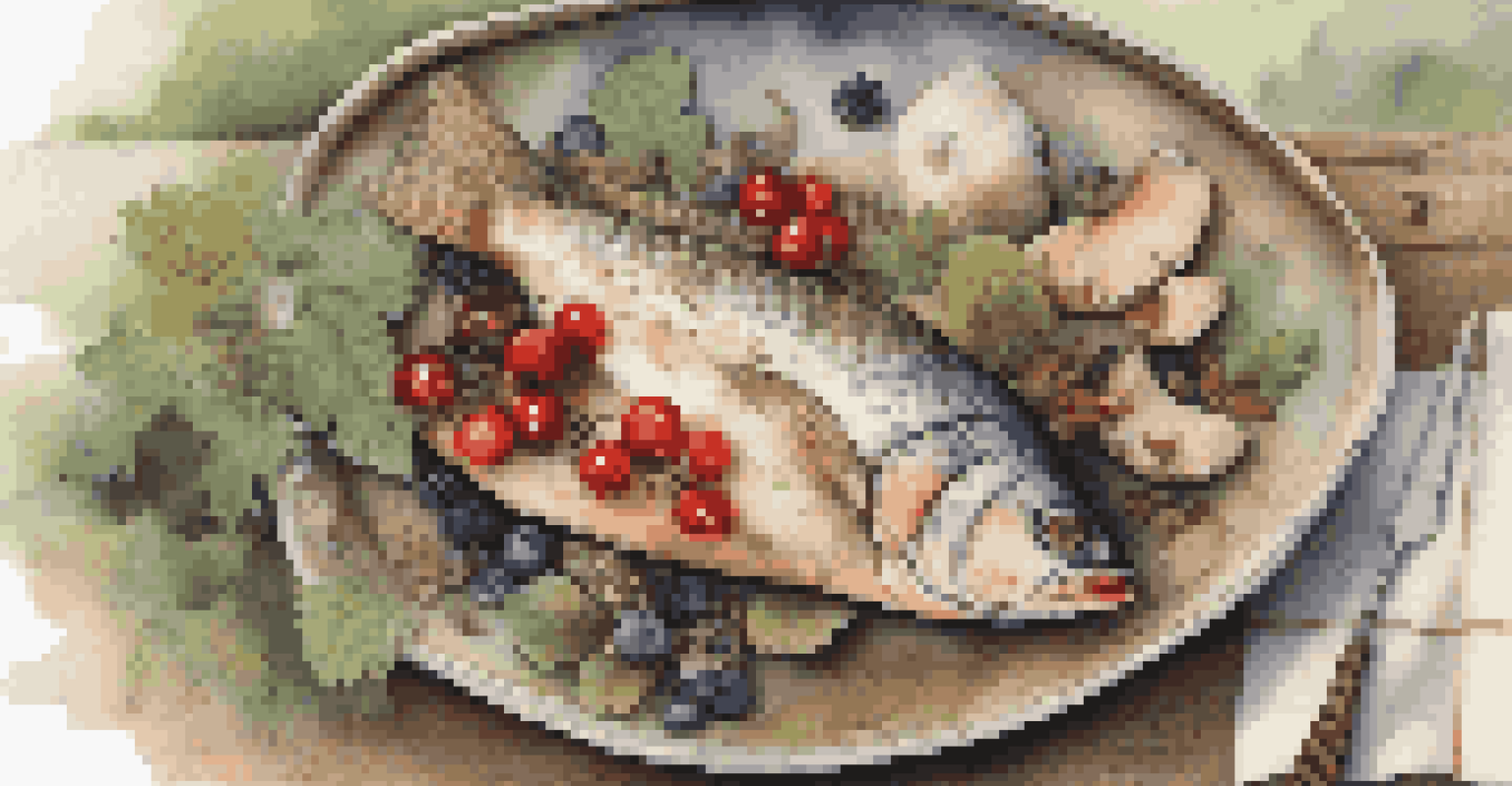 A beautifully arranged gourmet dish of fish with local spices and foraged ingredients, highlighting the connection between food and nature.