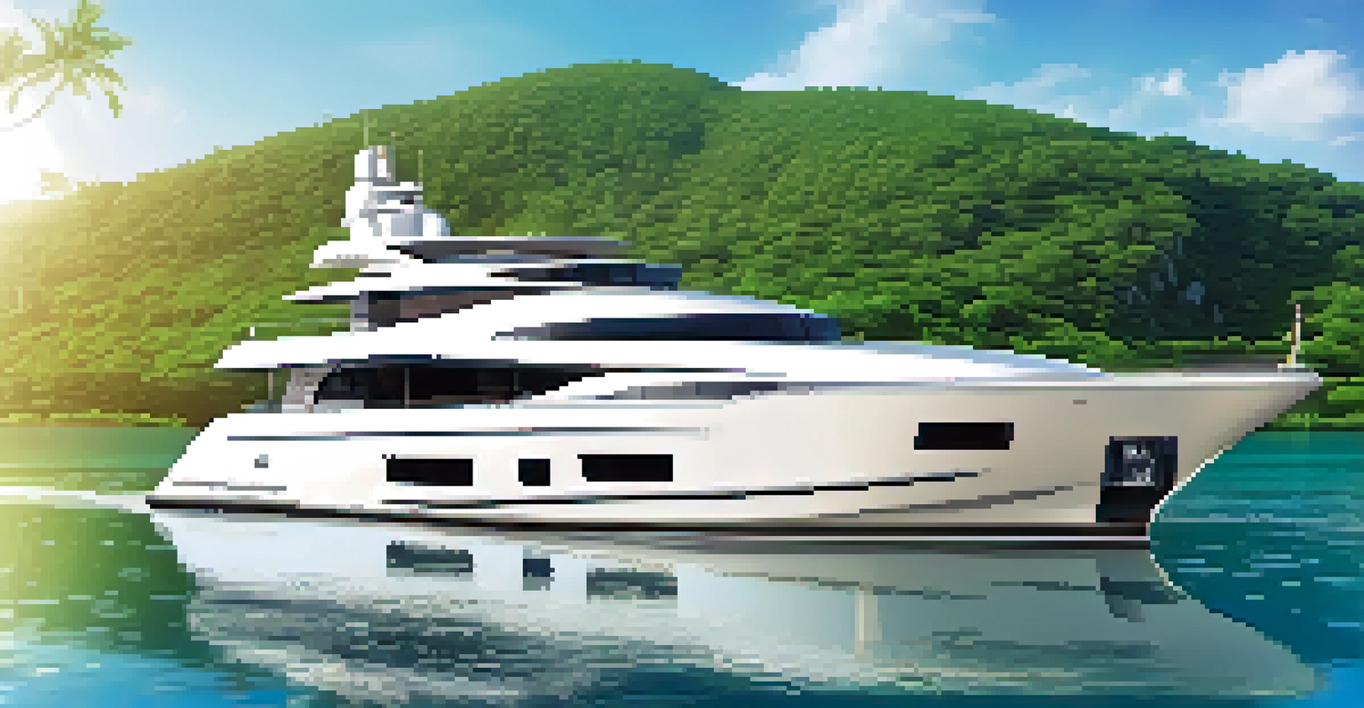 An elegant yacht anchored in a calm bay with hills and blue skies around it.
