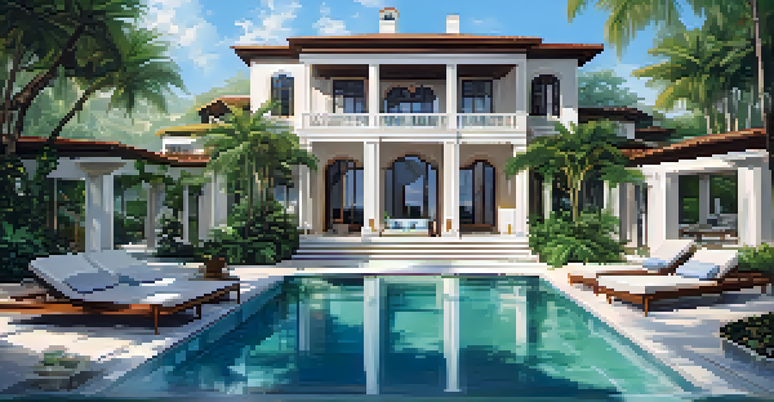 A luxurious waterfront mansion with an infinity pool and outdoor terrace, surrounded by greenery.