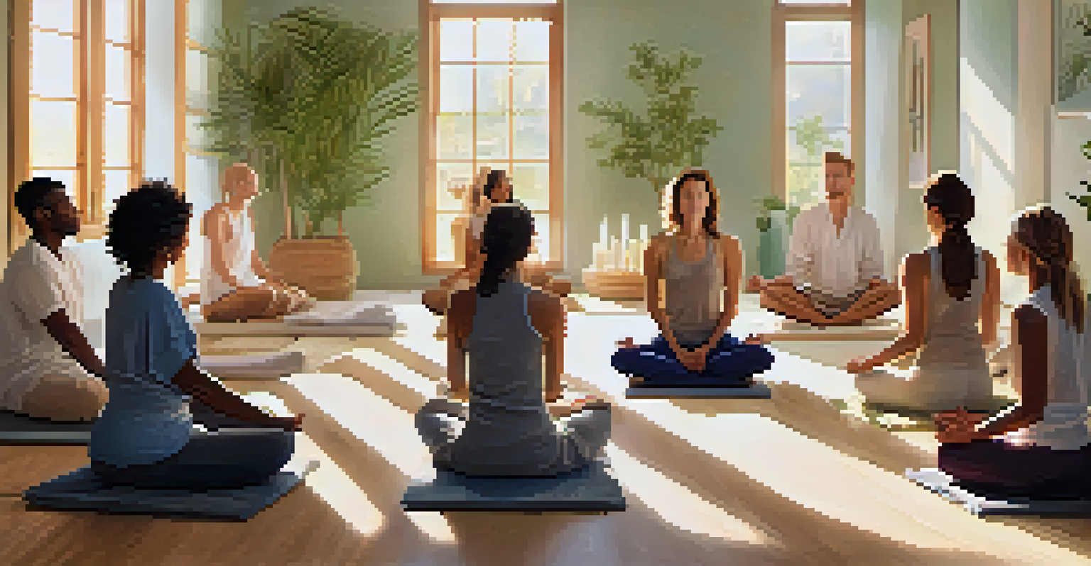 A group of individuals in a holistic spa workshop participating in an energy healing session in a calm and naturally decorated room.