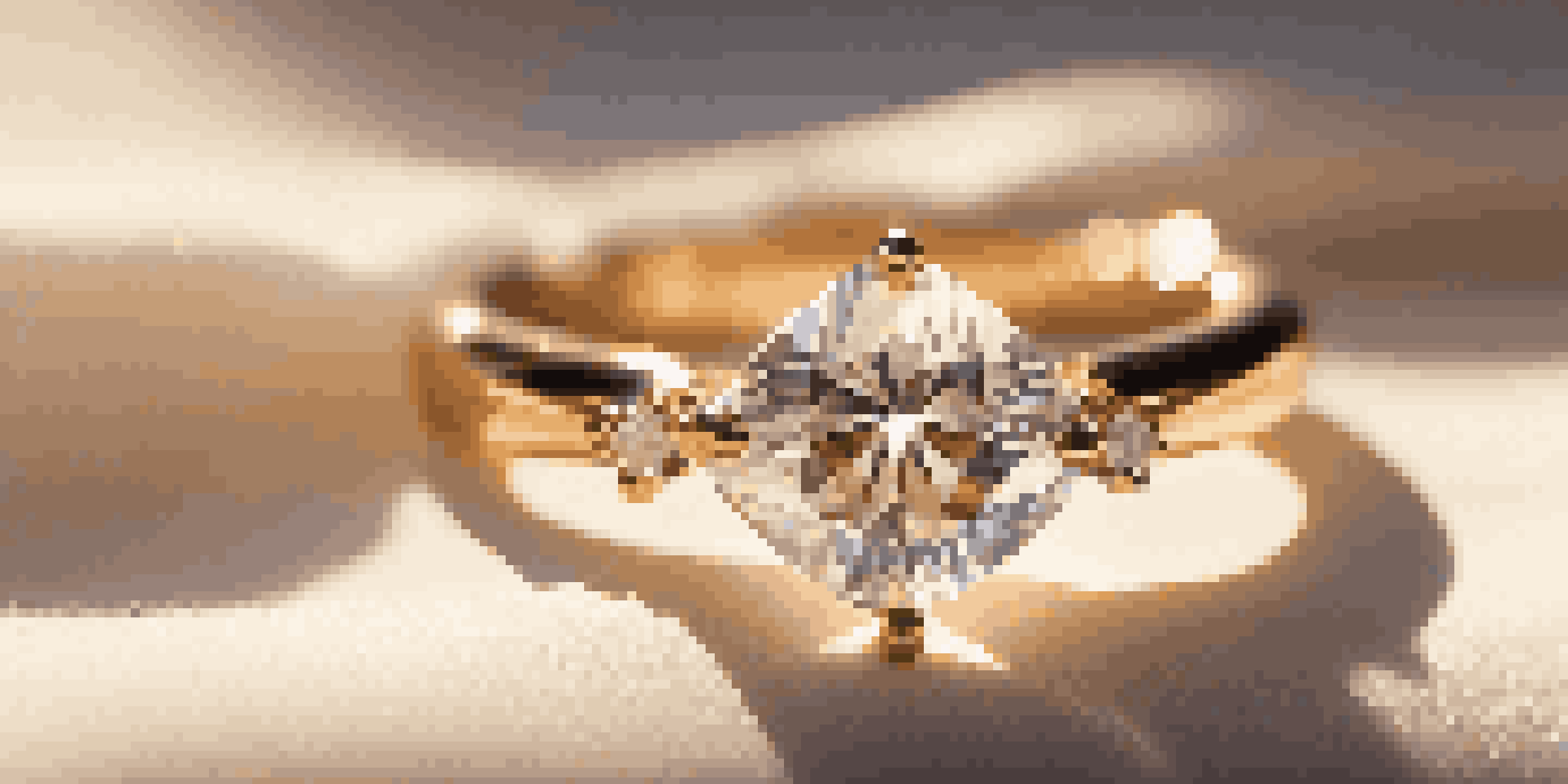 A close-up of a sparkling diamond ring on a soft velvet surface, lit by warm natural light.
