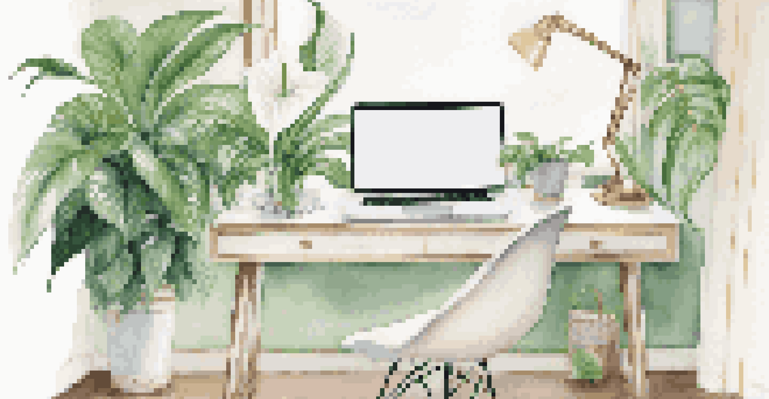 A stylish home office with a Peace Lily on a desk beside a laptop, featuring soft pastel walls and modern decor.