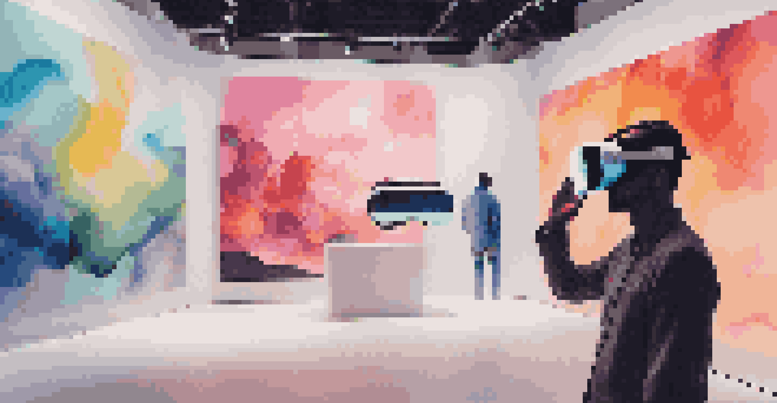 A participant in a virtual reality art installation, surrounded by colorful digital art in a sophisticated exhibition space.