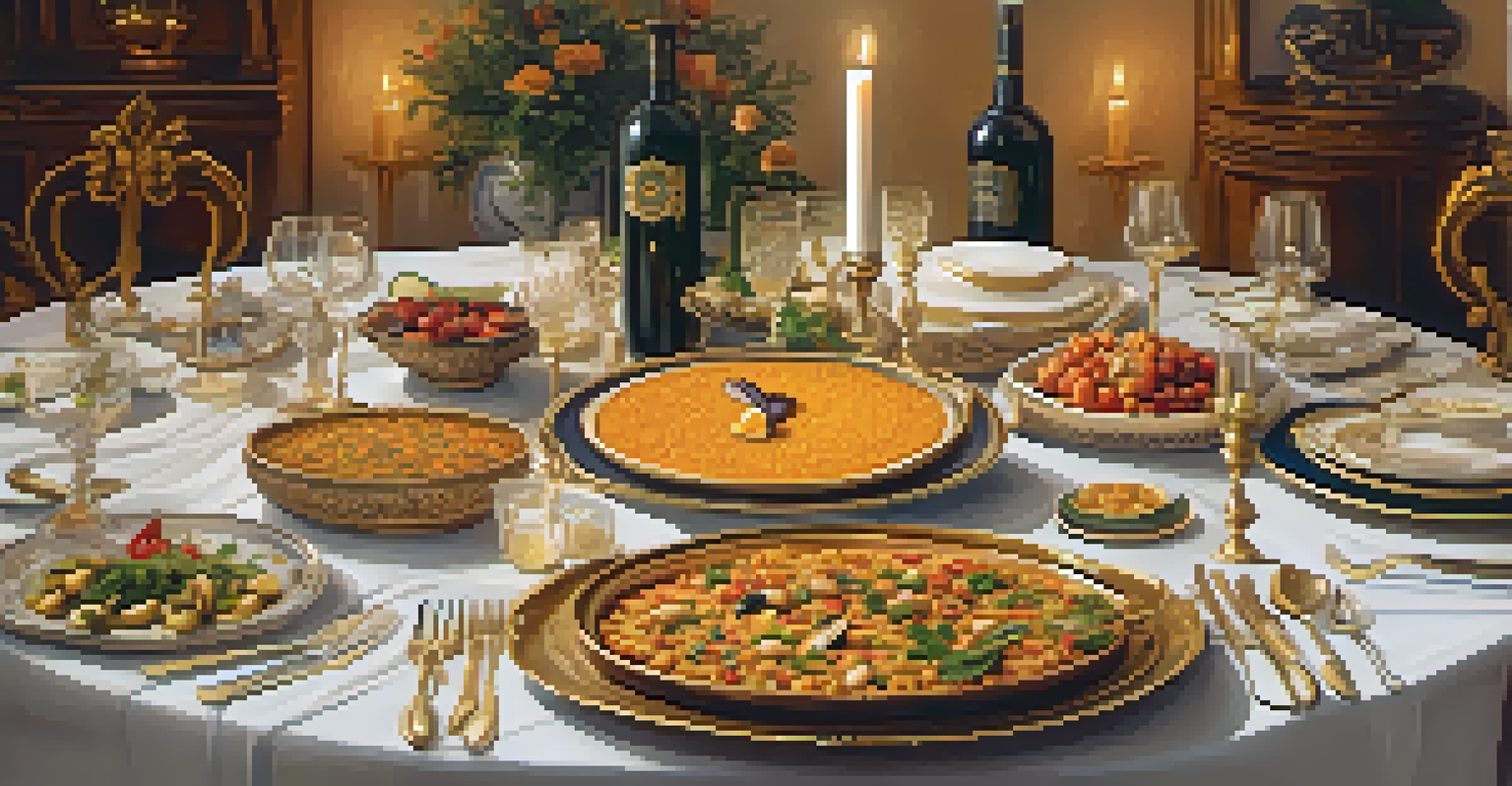 A luxurious table setting for a Mediterranean gala featuring paella and mezze, with elegant tableware and candlelight.