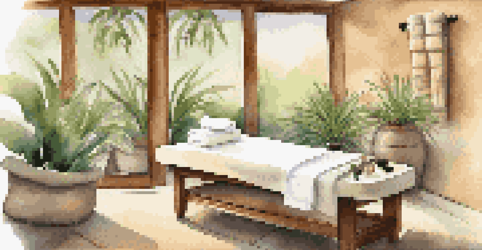 A calming luxury spa massage room with soft materials, candles, and a prepared massage table.