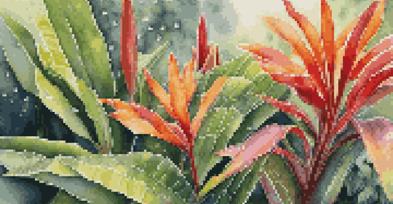 A close-up of exotic plants with vibrant colors and dewdrops in a luxury garden.