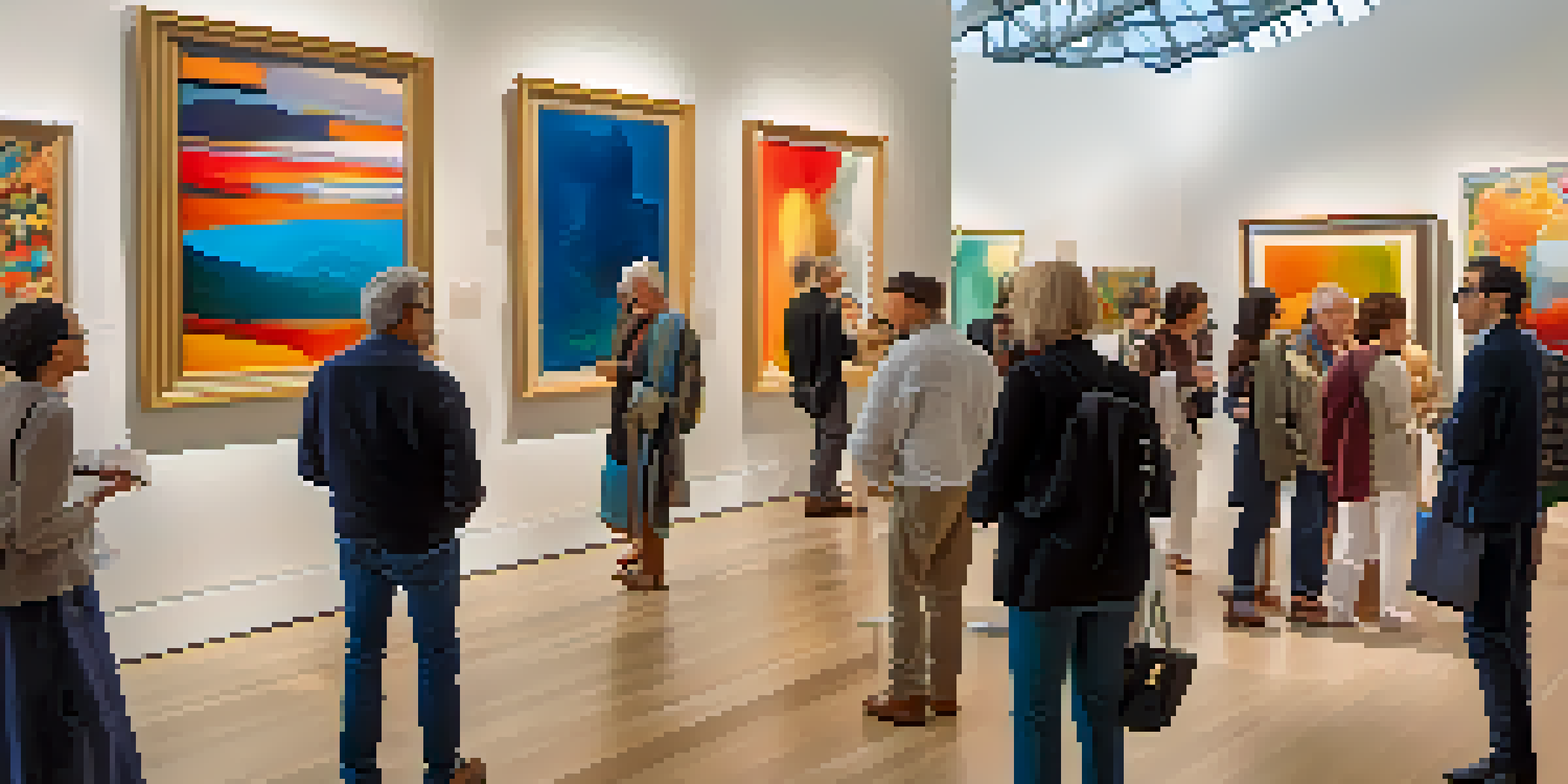 A lively art fair with collectors and artists interacting among colorful contemporary artworks and bright lighting.