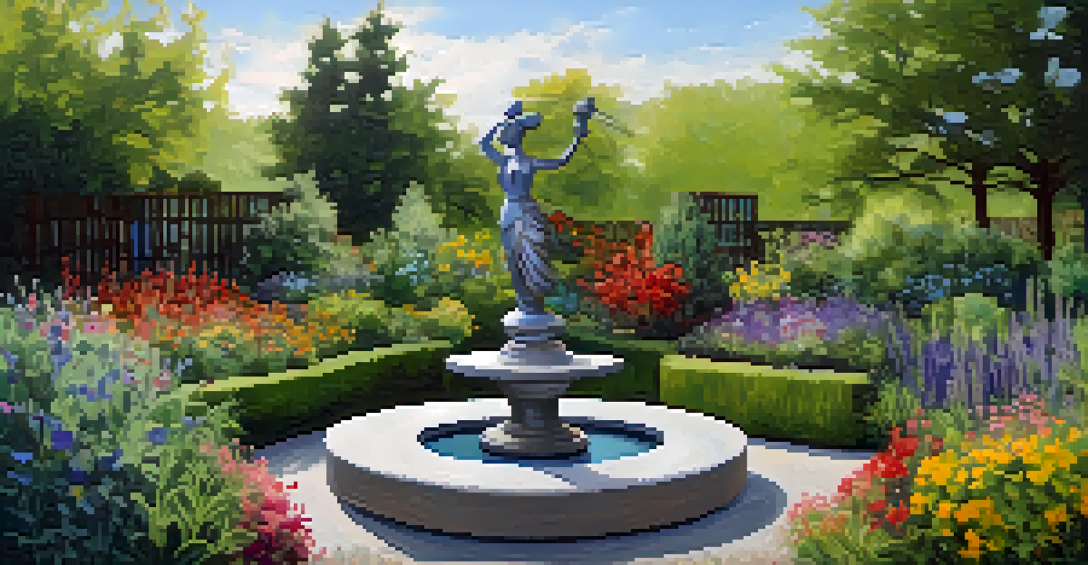 An artistic garden with a contemporary sculpture surrounded by organic herbs and colorful flowers, illuminated by natural light.