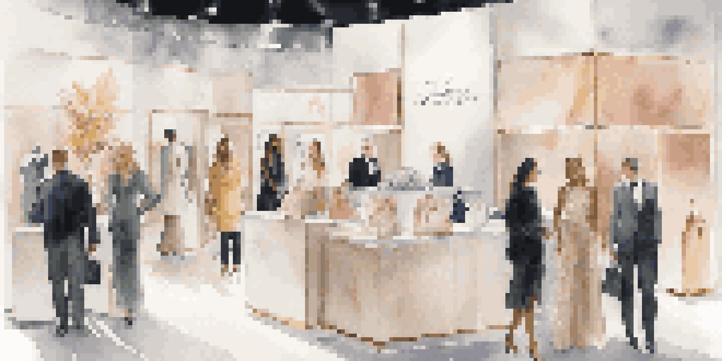 A beautifully designed trade show booth displaying luxury fashion accessories with attendees interacting.
