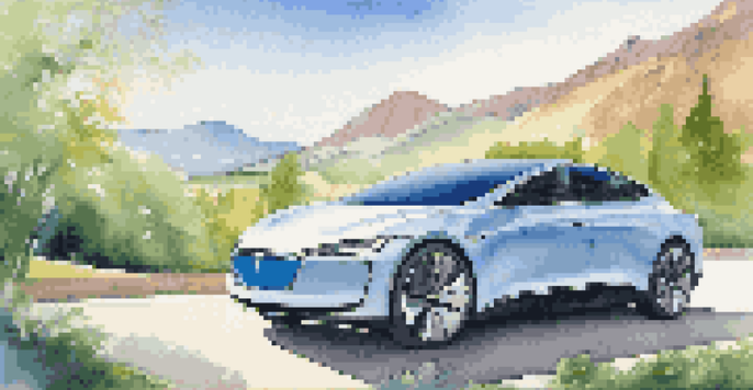 A sleek electric car in a beautiful natural landscape with mountains and greenery.