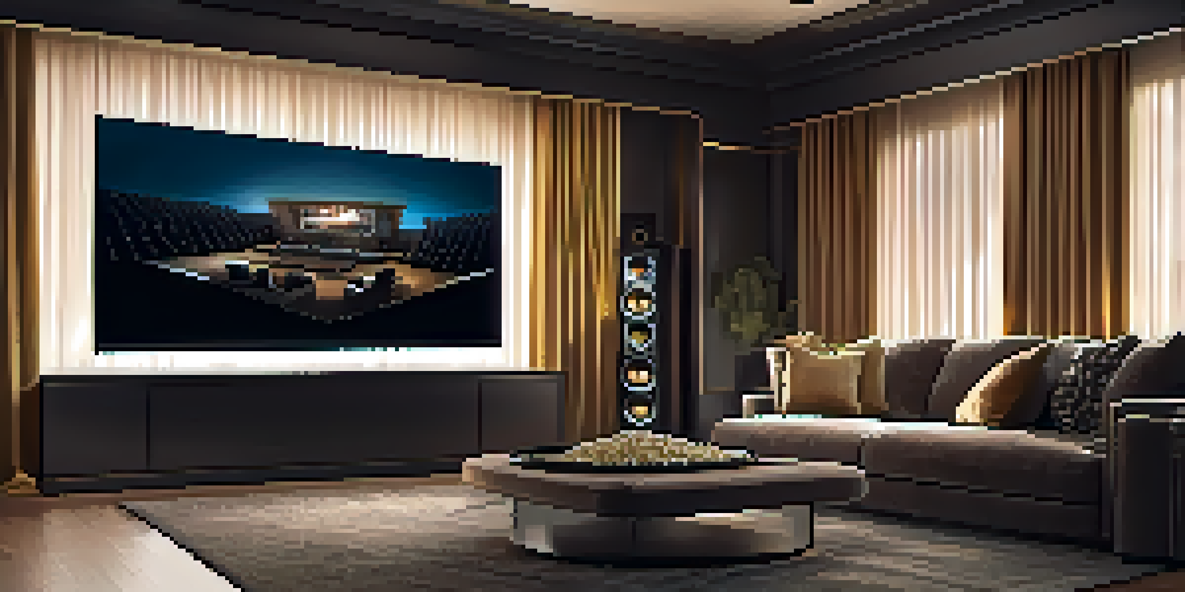 A modern home theater setup with a sleek soundbar below a flat-screen TV, dim lighting, and a cozy sofa.