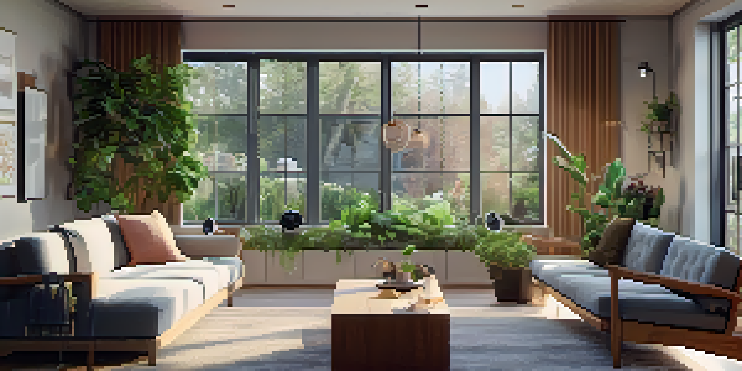 A cozy living room showcasing a modern security camera, bright natural light, and comfortable furnishings.