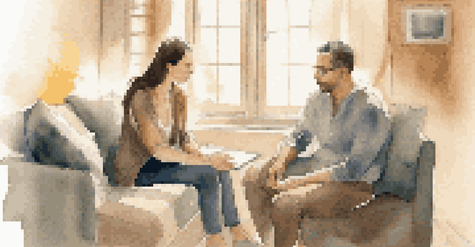 A couple in a cozy room during a self-awareness coaching session, demonstrating effective communication and connection.