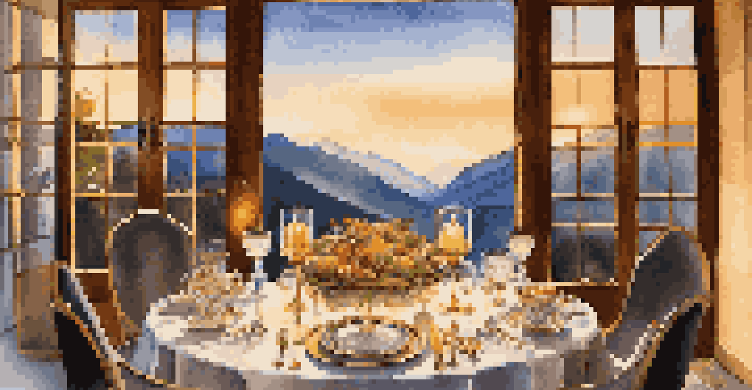 A luxurious dining setup on a terrace with mountain views at sunset, featuring gourmet dishes and fine tableware.