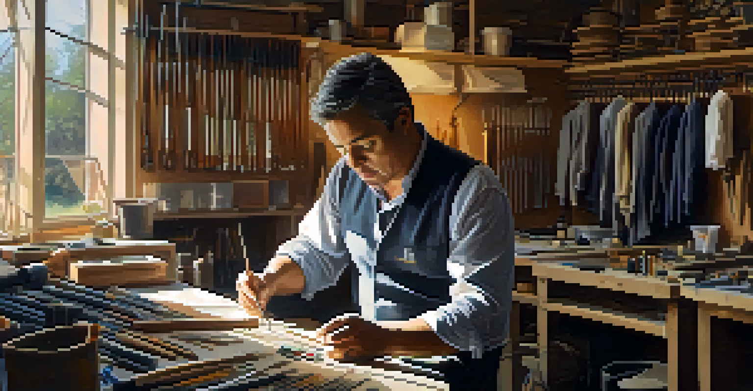 An artisan in a workshop crafting a bespoke suit, surrounded by tools and fabrics, highlighting the dedication and craftsmanship.