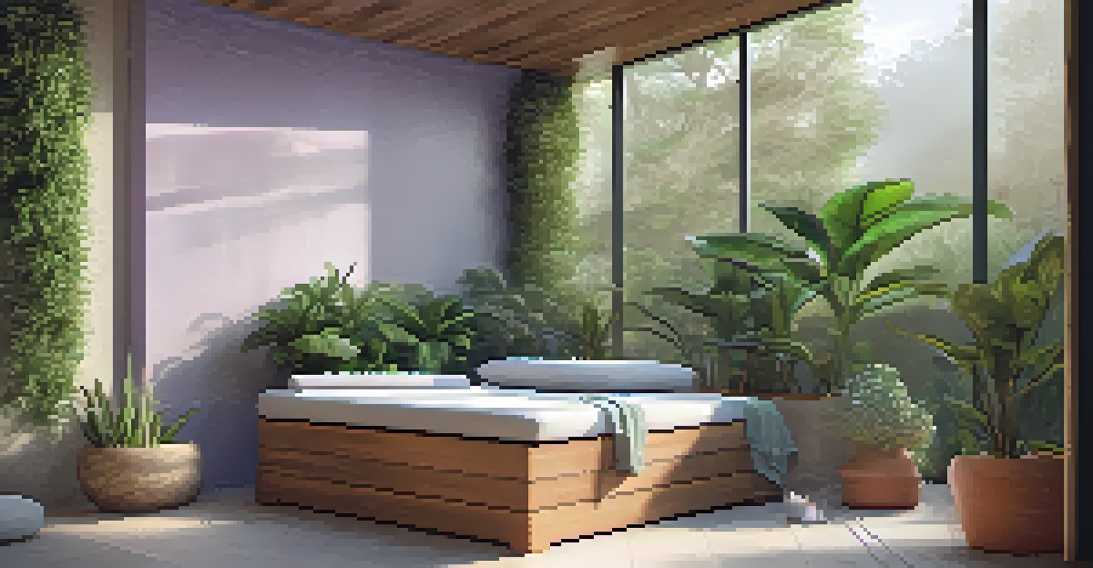A tranquil outdoor spa corner with a daybed, plants, and a diffuser releasing lavender mist, illuminated by soft natural light.