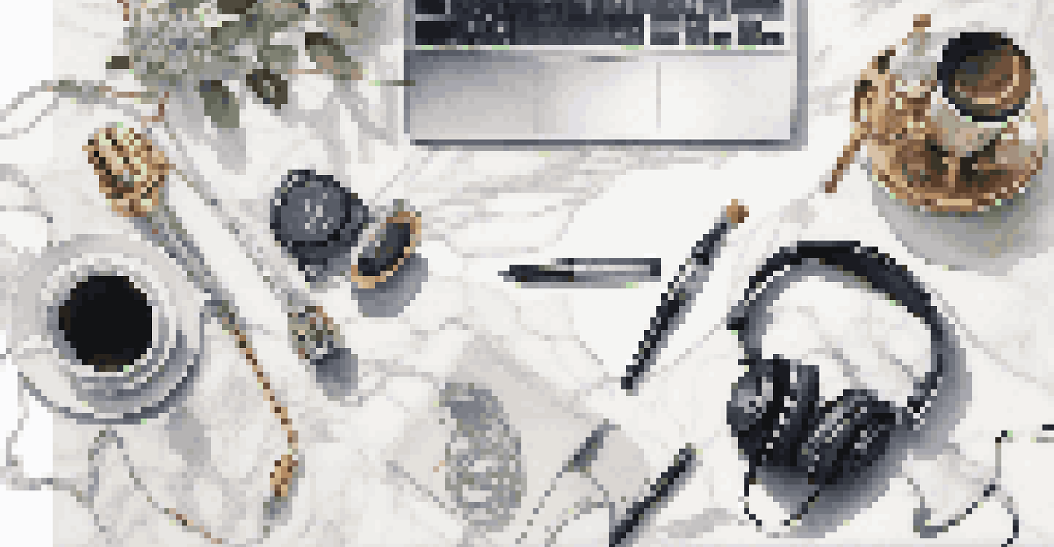 A flat lay of luxury podcasting equipment on a marble table with decorative elements.