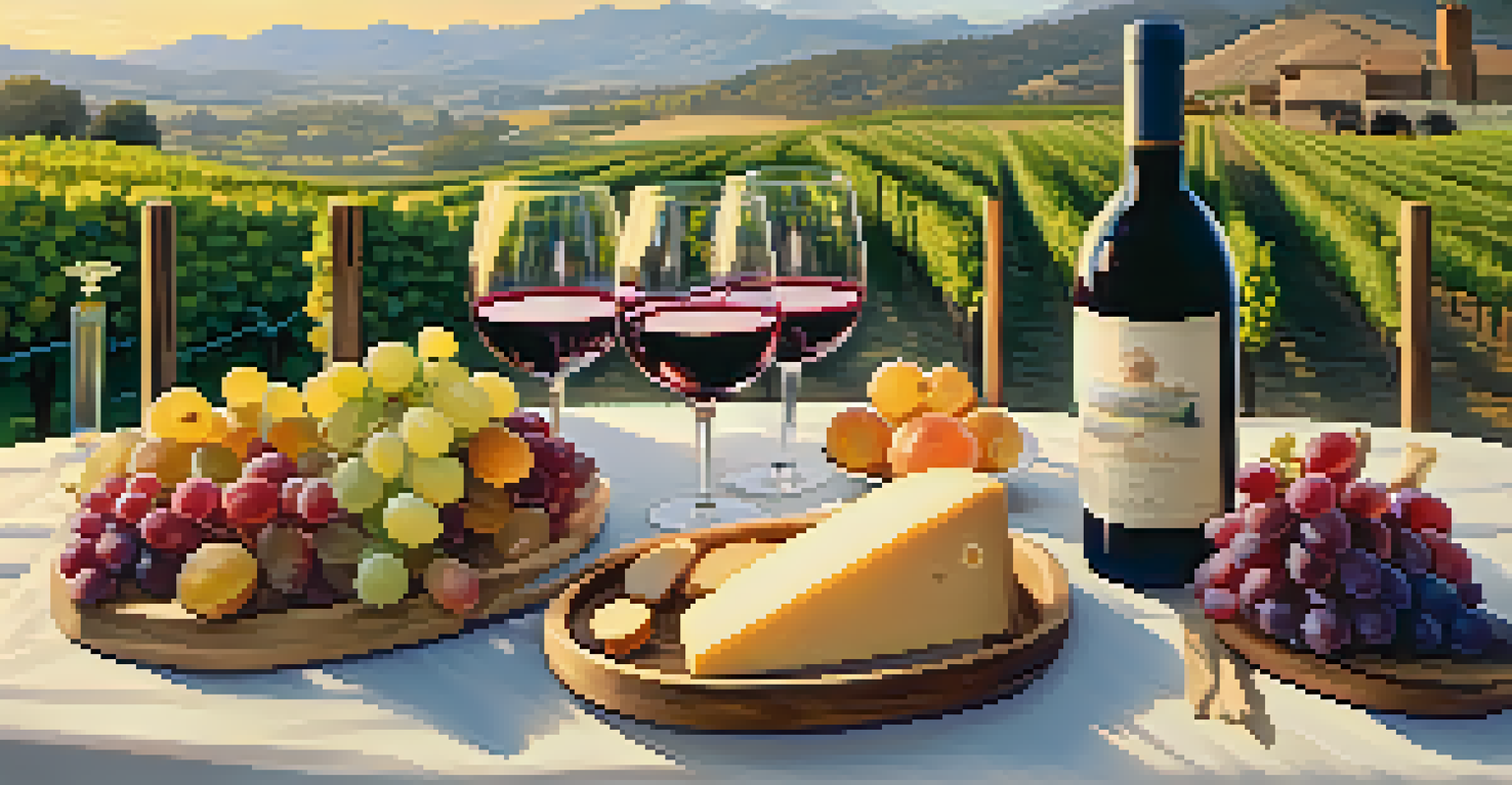 A picturesque wine tasting setup with local wines and food, surrounded by a scenic vineyard landscape.