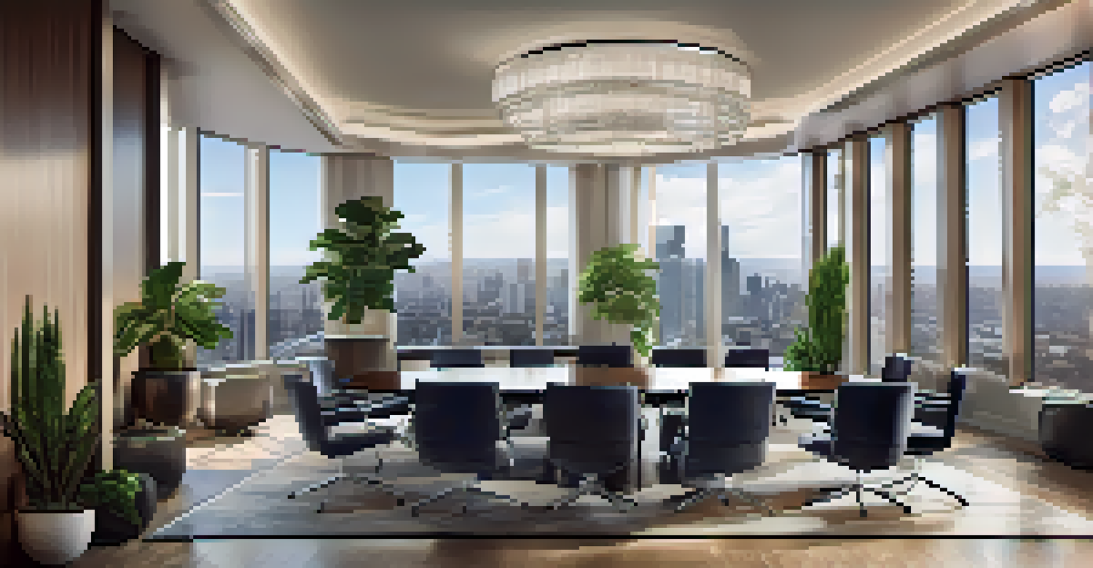 A stylish conference room in a high-rise hotel with city views and modern decor, illuminated by soft ambient lighting.
