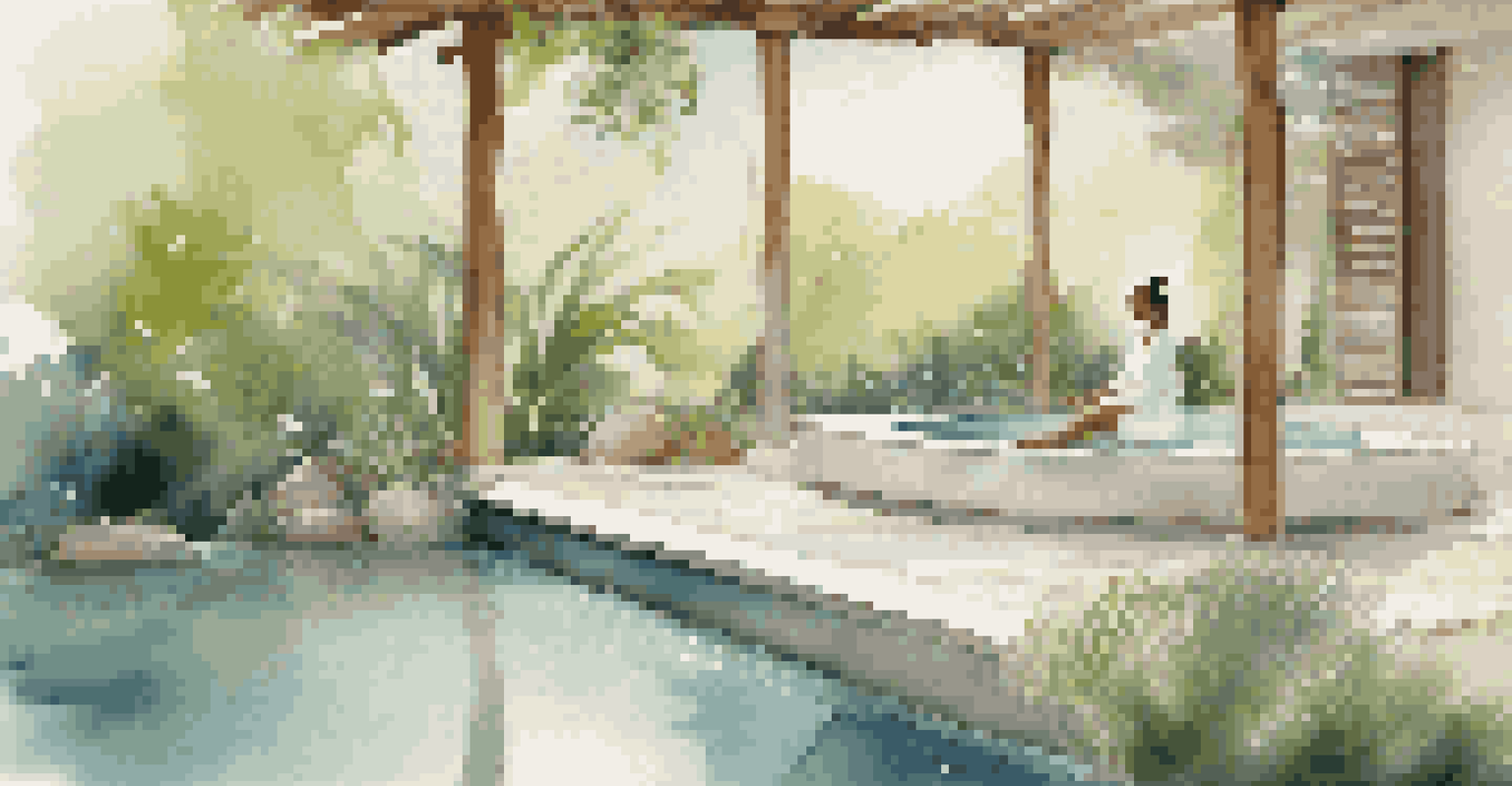 A tranquil outdoor wellness retreat scene with a model using skincare products amidst lush greenery and a water feature.