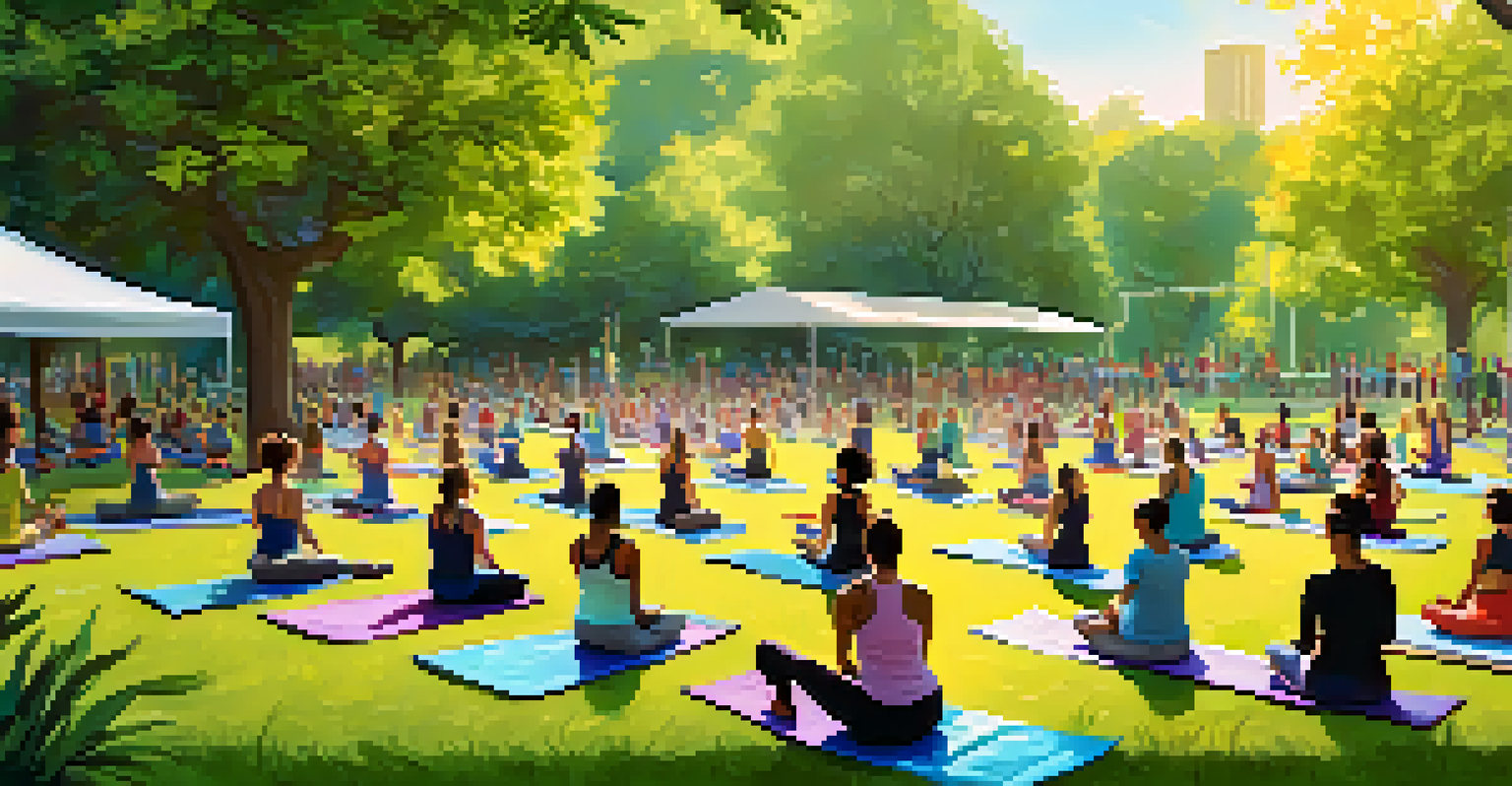 An outdoor fitness class in a park with participants using eco-friendly equipment and yoga mats, surrounded by nature.