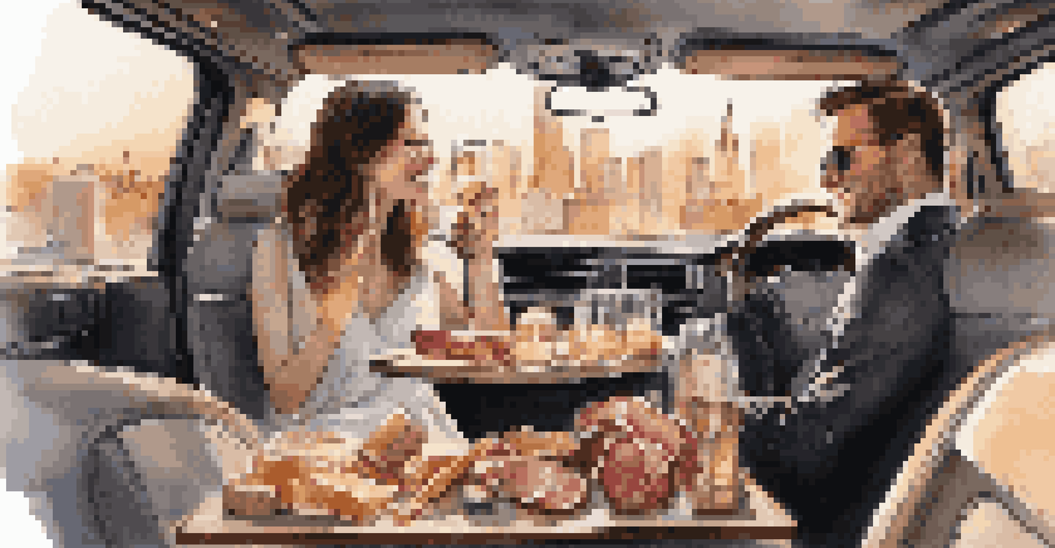 The interior of a luxury SUV with plush leather seats, champagne glasses, and a couple enjoying the ride with a cityscape view.