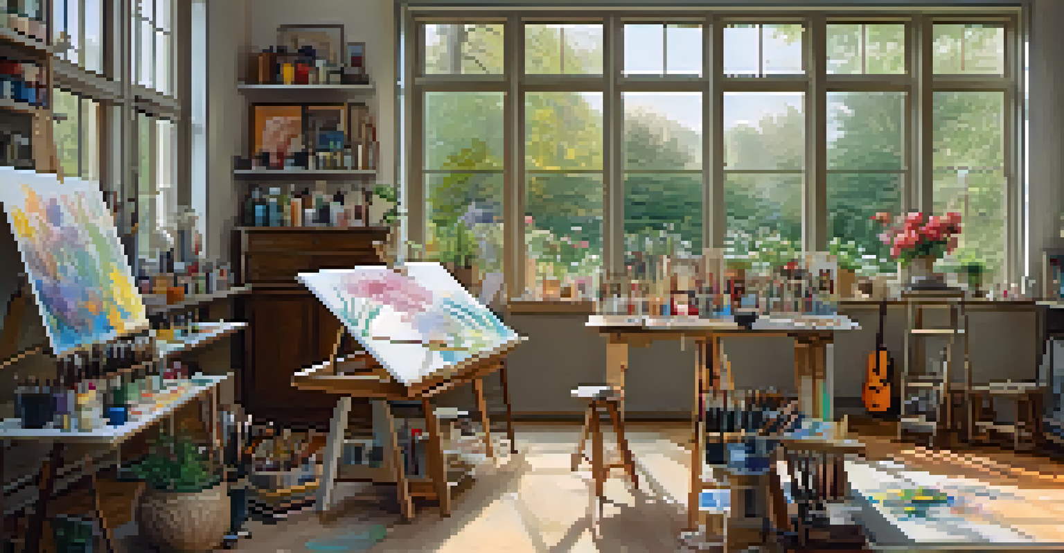 An artist's studio with art supplies and a view of a blooming garden, representing creativity and inspiration.