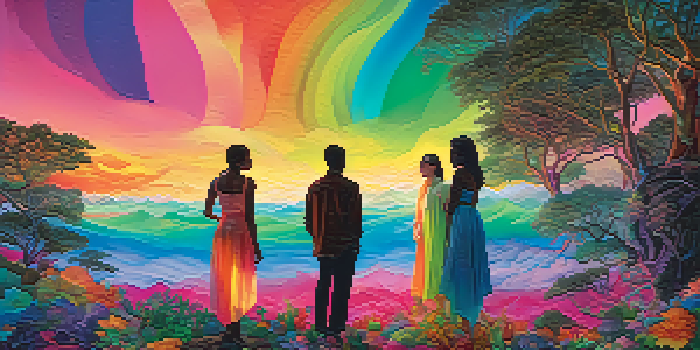An abstract digital artwork illustrating gender fluidity with colorful silhouettes in a dreamlike setting.