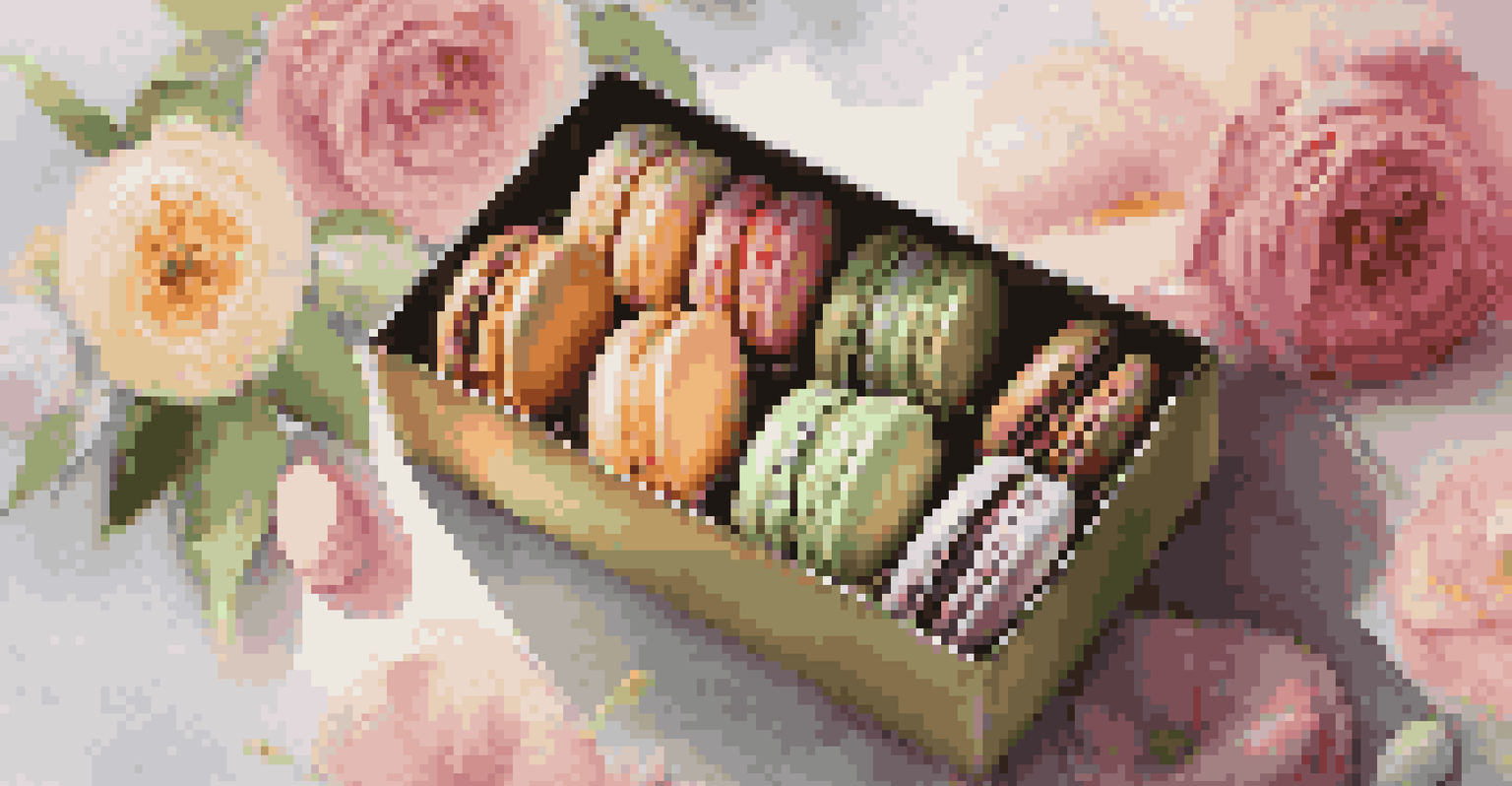 A decorative gift box filled with colorful macarons, surrounded by fresh flowers and soft fabric.