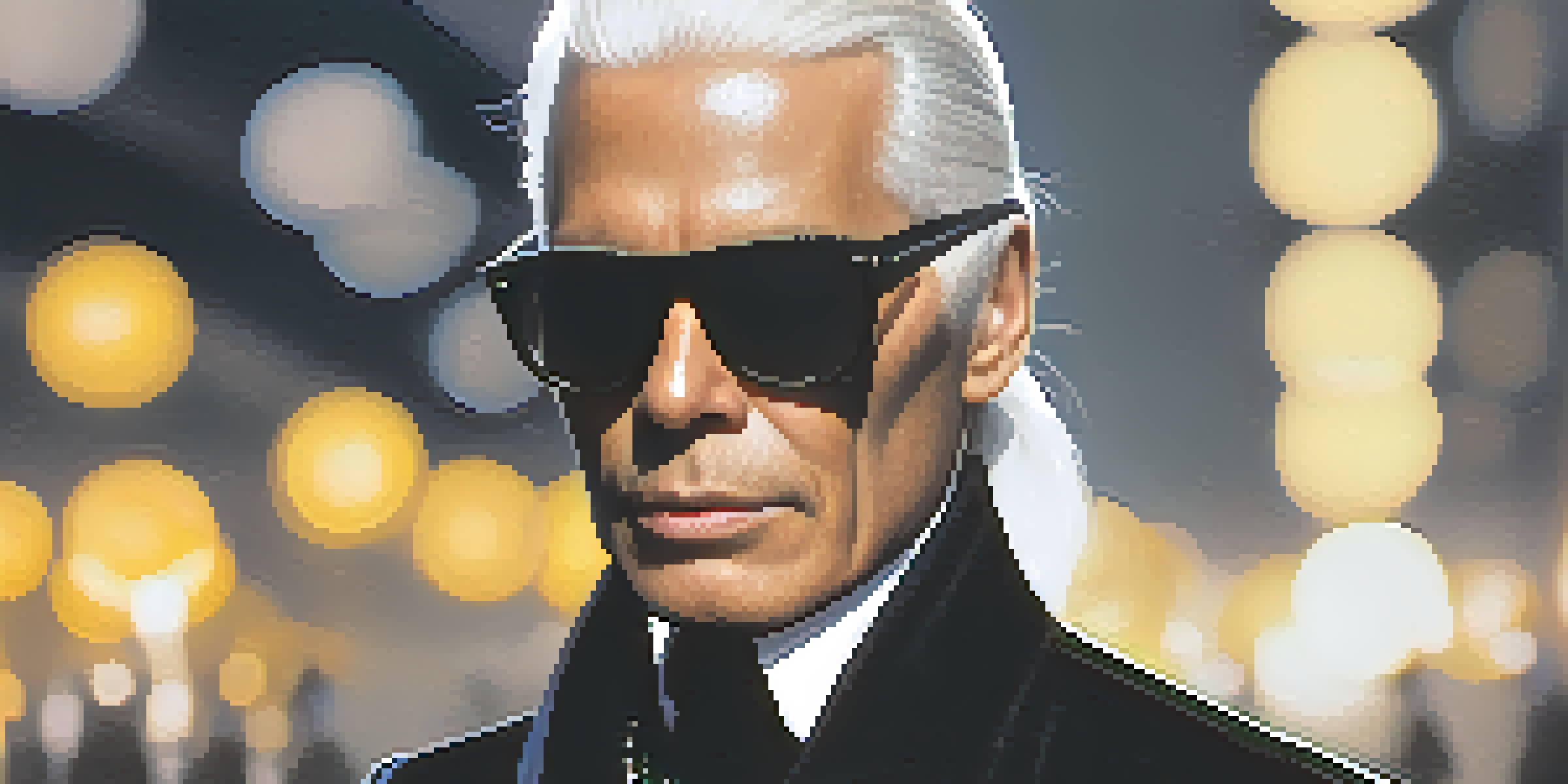 Close-up portrait of a man with a white ponytail and black sunglasses, set against a blurred fashion runway background.