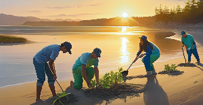 A group of diverse volunteers planting trees on a beach at sunrise, with a golden sky and calm water.