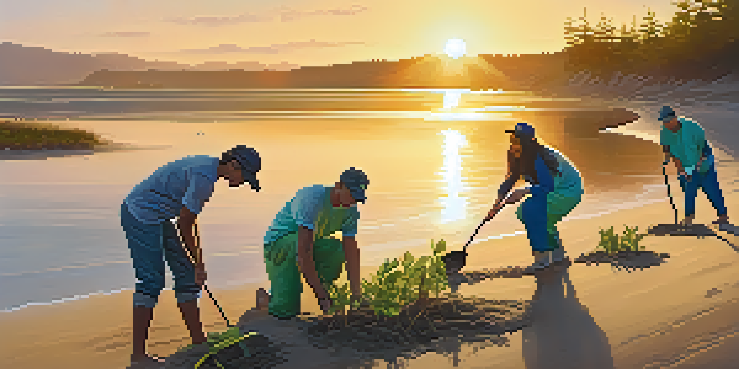 A group of diverse volunteers planting trees on a beach at sunrise, with a golden sky and calm water.