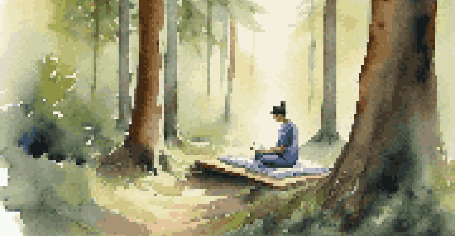 A person practicing mindfulness in a serene forest, sitting with eyes closed, surrounded by trees, with a journal and tea nearby.