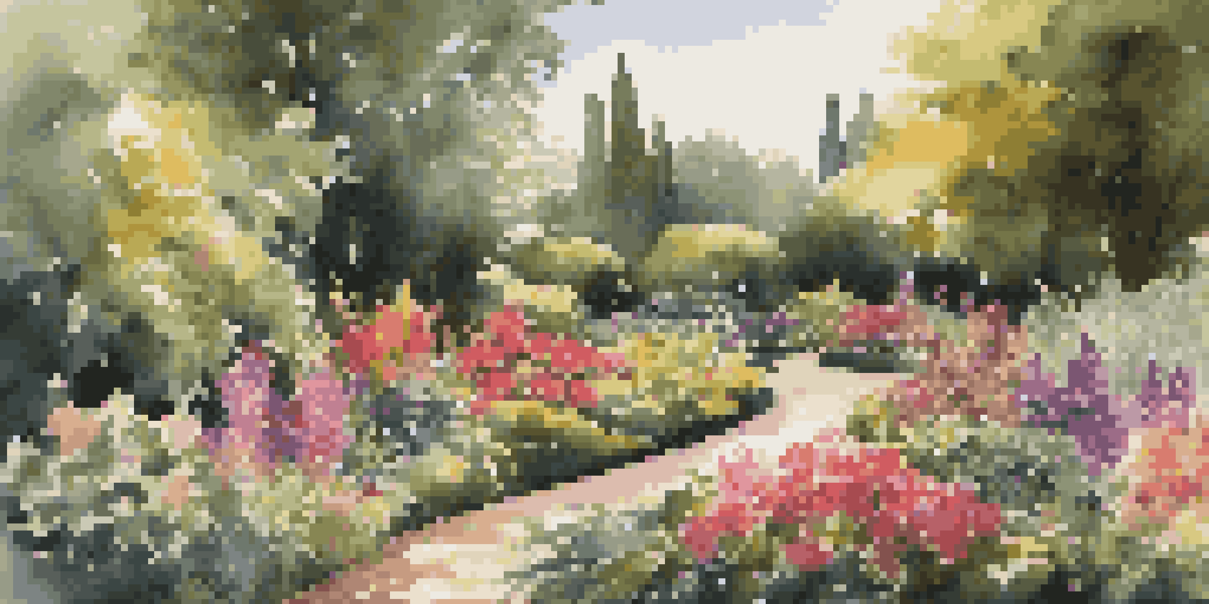 A beautiful garden filled with colorful flowers and lush greenery, with rich dark soil and soft sunlight filtering through the leaves.