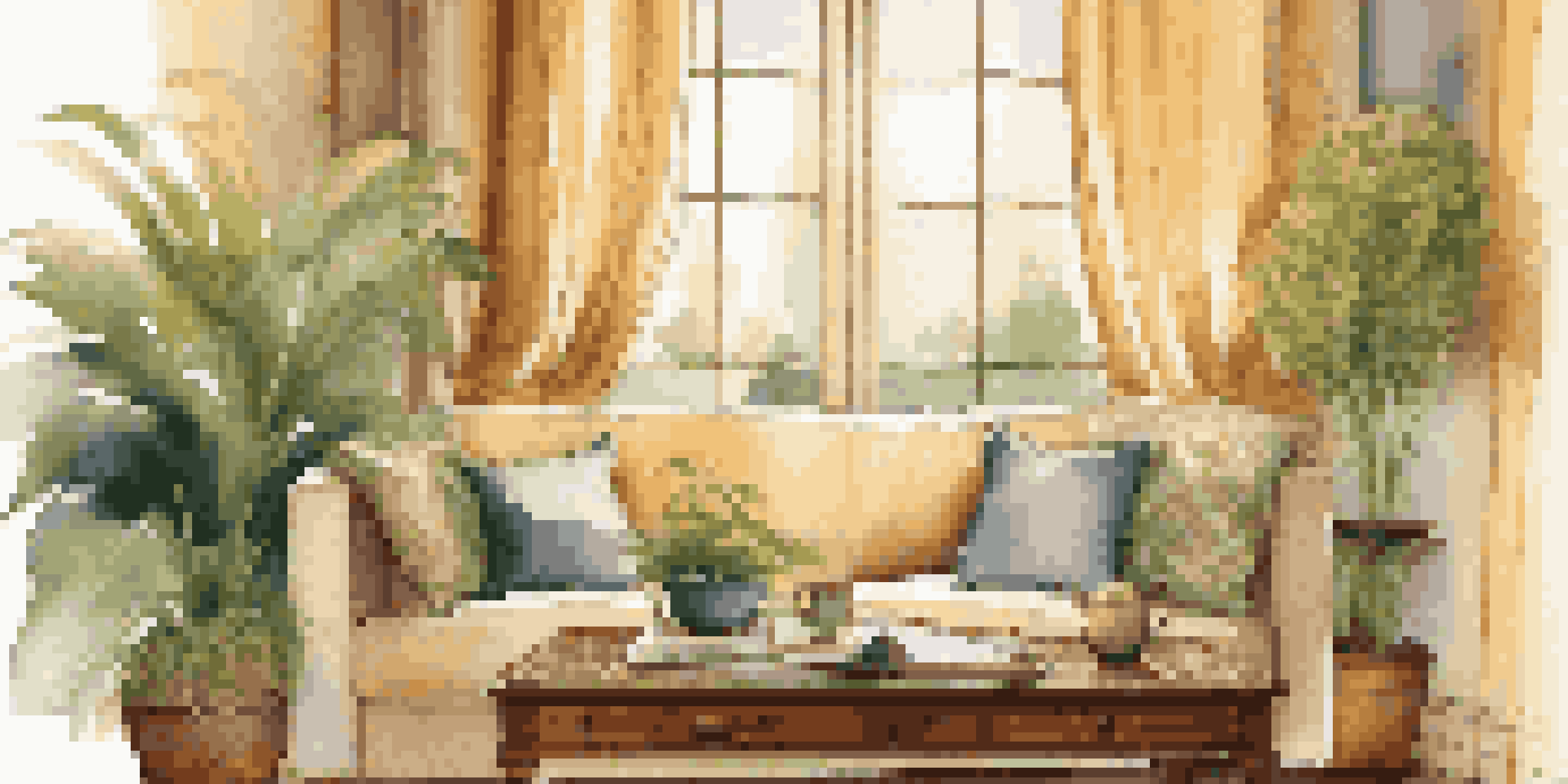 A cozy living room with a luxurious candle on a wooden coffee table, surrounded by green plants and soft golden light.