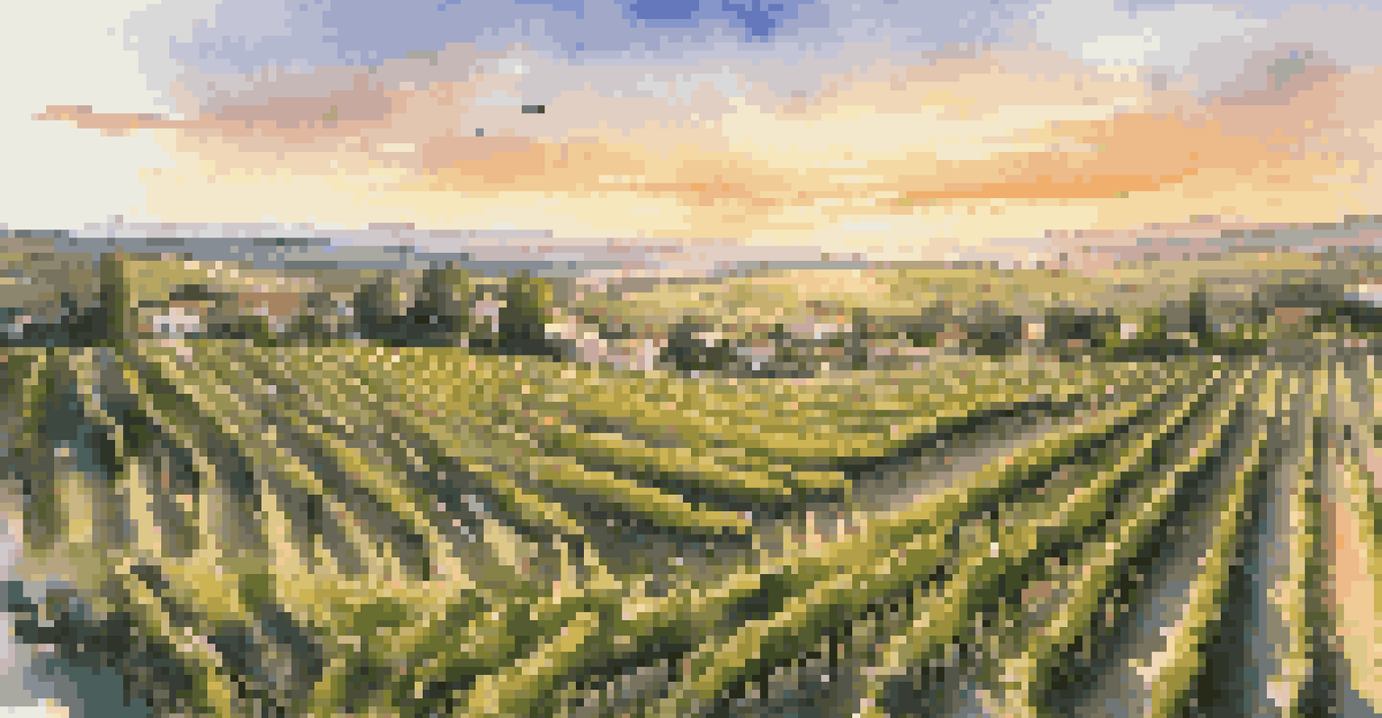 An aerial view of a vineyard at sunset, showcasing rows of grapevines and a beautiful sky.