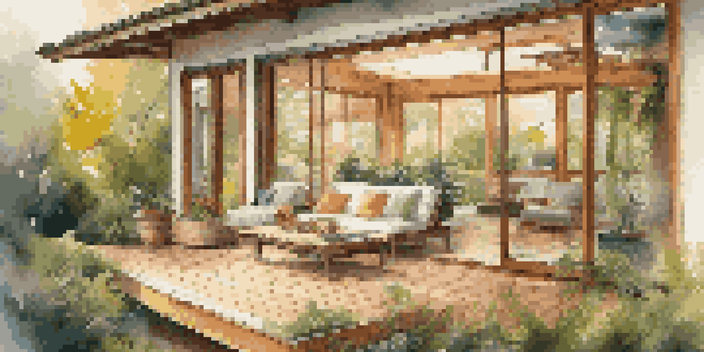 A luxurious eco-friendly villa with large windows and a private garden in warm golden hour light.