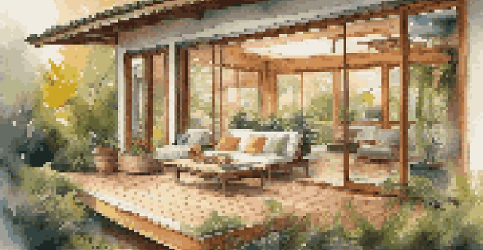 A luxurious eco-friendly villa with large windows and a private garden in warm golden hour light.